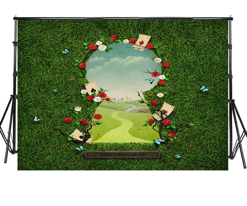 Sensfun 7x5ft Wonderland Photography Backdrop Fantasy Fairy Tale Green Grass Gate Wonderland Photo Background for Girls Baby Shower Birthday Tea Party Decorations Portrait Photo Booth Props (SXY1326) - Image 1